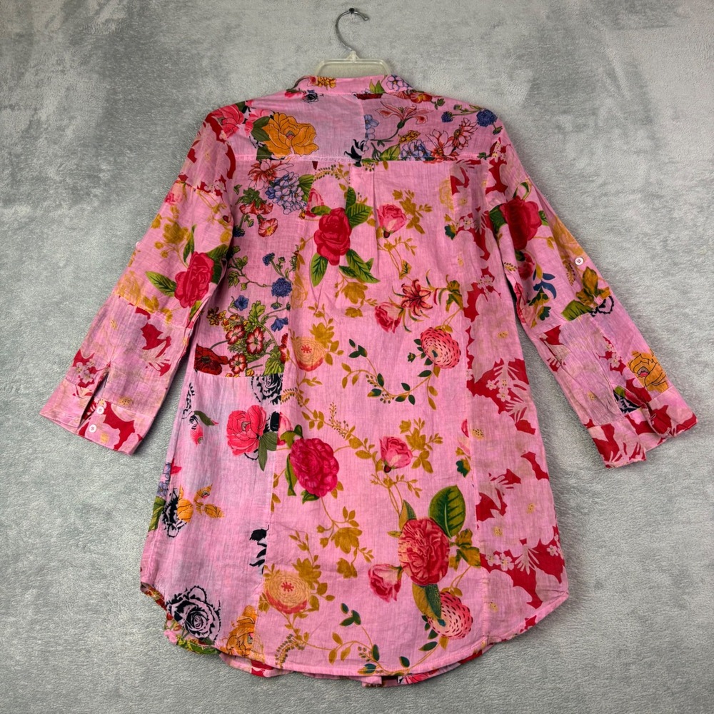 Vintage Goa Womens S Pink Floral Tunic Pintuck Cotton Boho Patchwork Top Rolltab - Picture 11 of 13